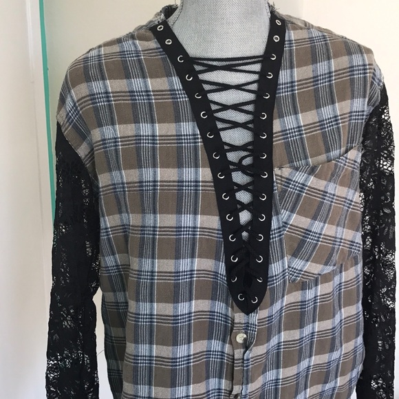 LF furst of a kind lace up flannel sweater - Picture 3 of 5